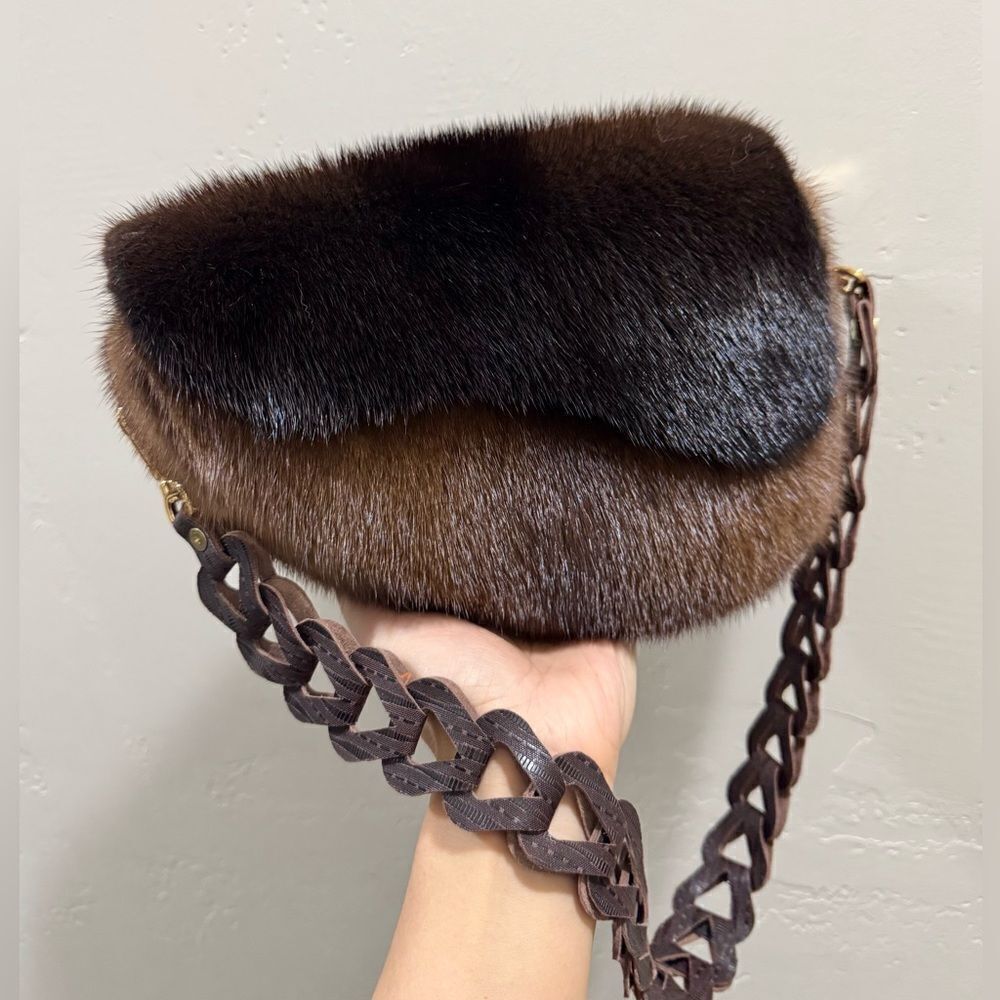 Brown Real Mink Fur Handmade Asymmetric Saddle Bag/Bumbag/Crossbody & 2 Straps